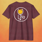 Heather maroon red t-shirt with round Wine Life logo, with golden yellow white wine glass.