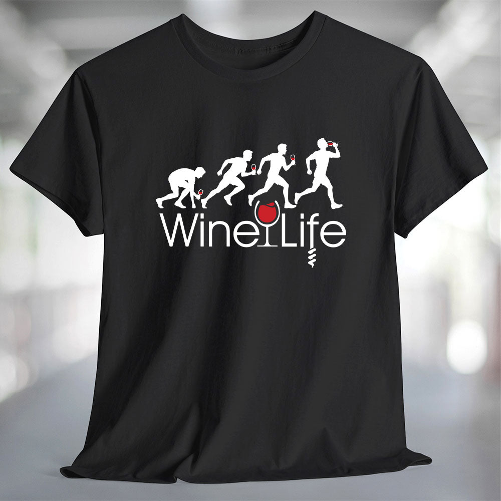 Running Man Wine Life T-Shirt featuring a graphic of running figures and wine glass, perfect for wine lovers and runners.