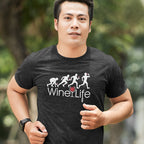 Man jogging in a Running Man Wine Life T-Shirt, showcasing a fun graphic design inspired by wine and running.