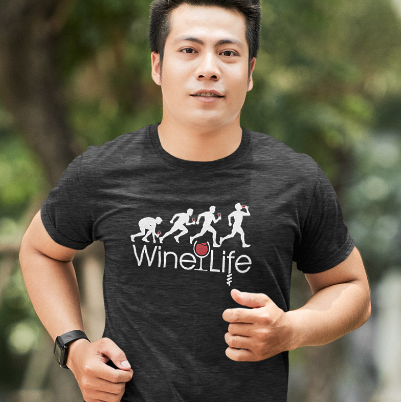 Man jogging in a Running Man Wine Life T-Shirt, showcasing a fun graphic design inspired by wine and running.