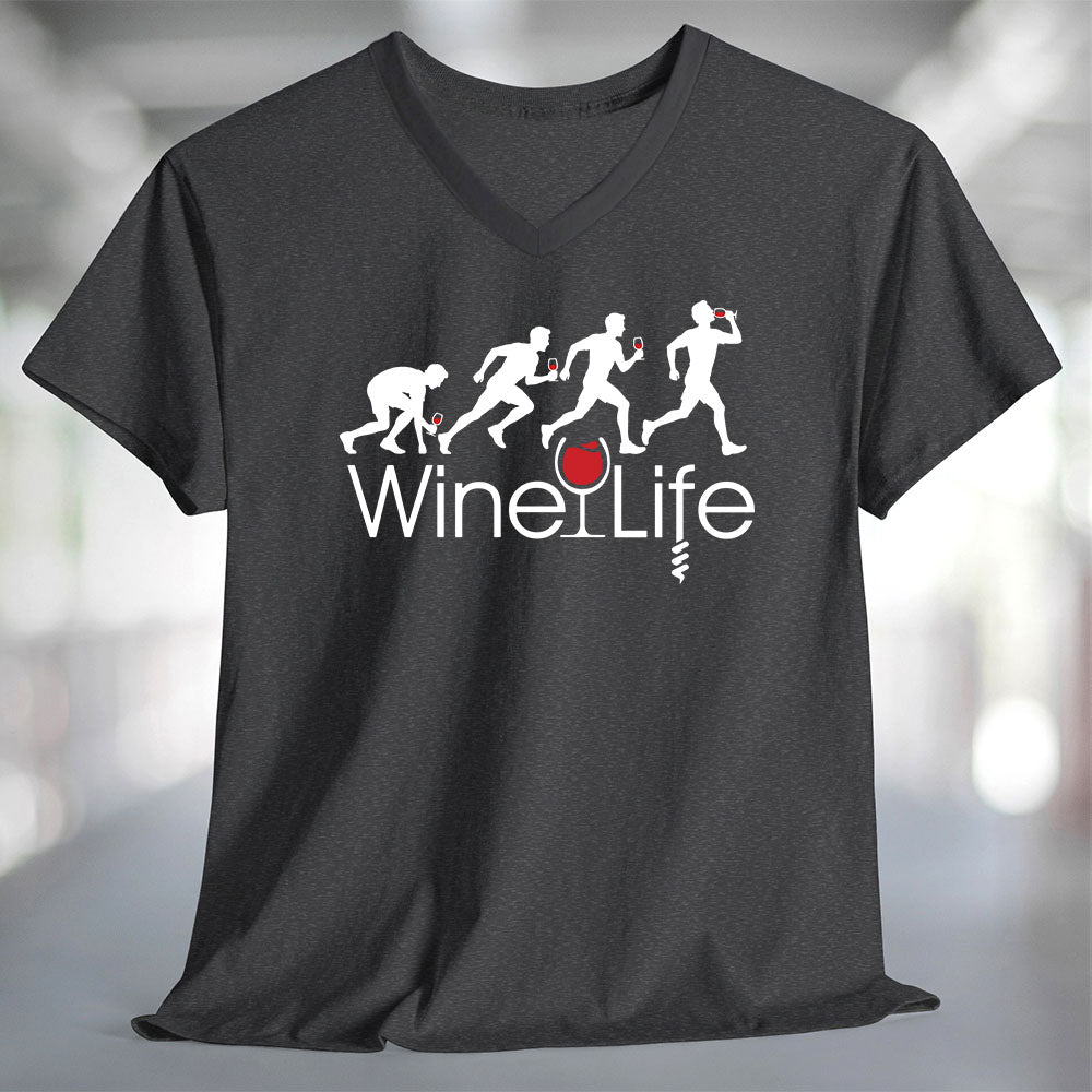 Running Man Wine Life T-Shirt featuring a playful graphic illustration of wine and running.
