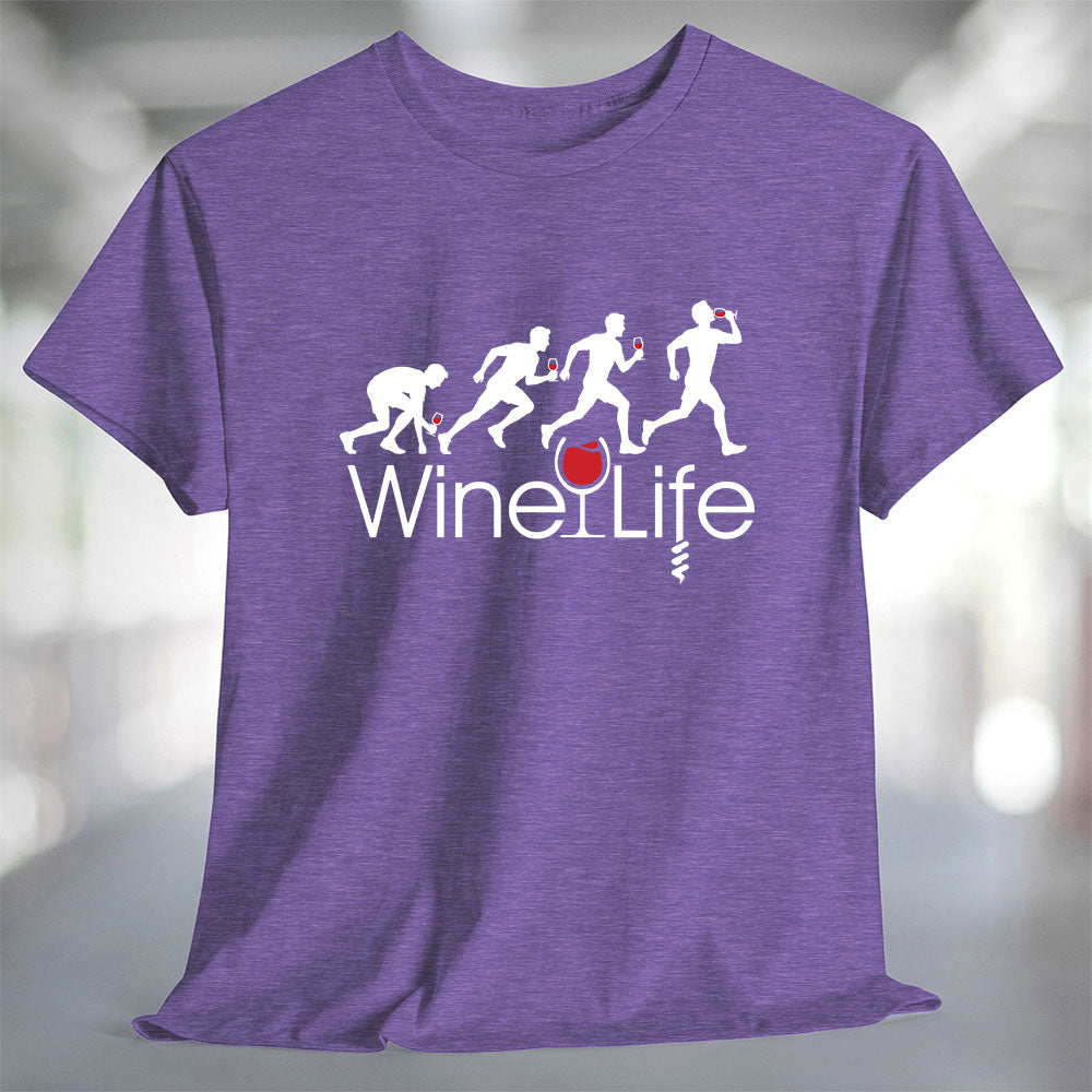 Image of a purple Running Man Wine Life T-Shirt featuring a playful graphic design and soft fabric for comfort.