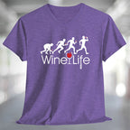 Running Man Wine Life T-Shirt featuring a fun graphic design on a purple v-neck tee.