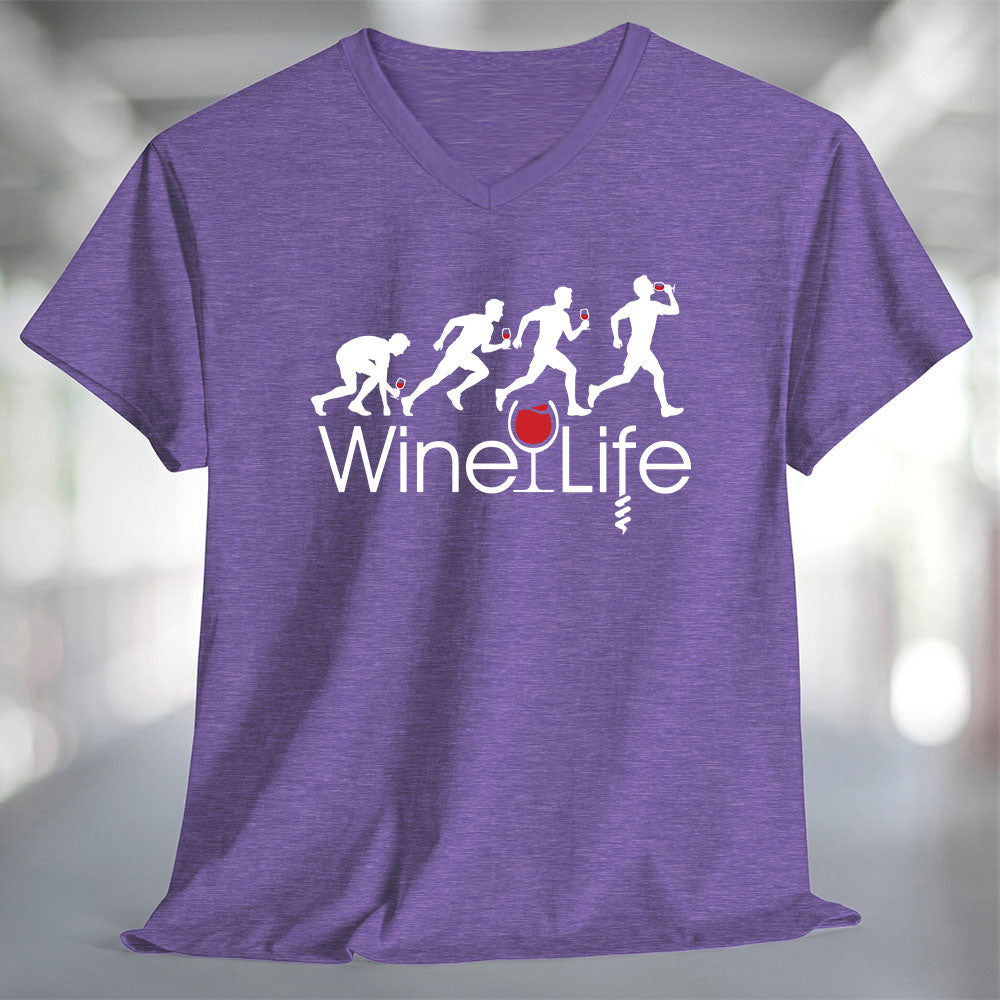 Running Man Wine Life T-Shirt featuring a fun graphic design on a purple v-neck tee.