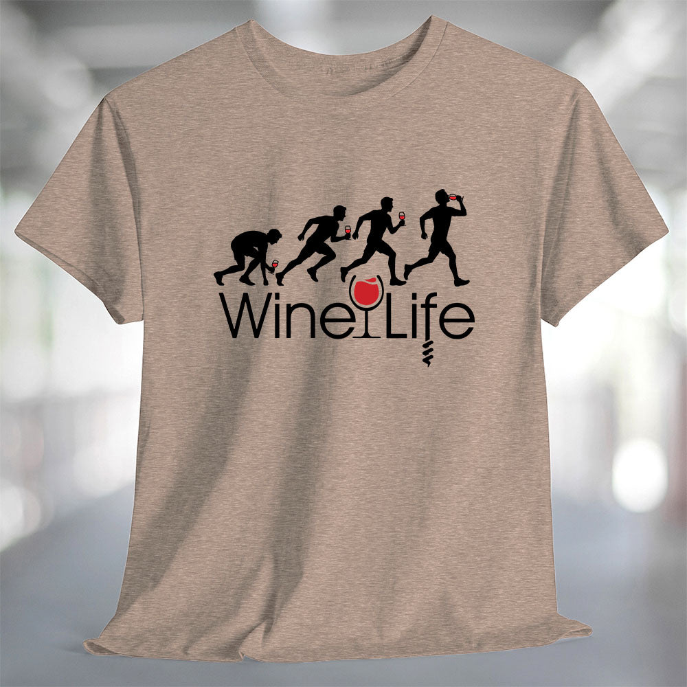 Running Man Wine Life T-Shirt featuring a graphic of silhouettes enjoying wine while running.