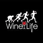 Running Man Wine Life T-Shirt graphic featuring running men with wine glasses and a wine glass logo