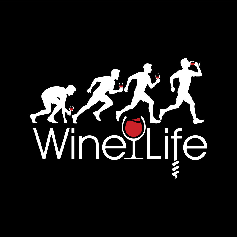 Running Man Wine Life T-Shirt graphic featuring running men with wine glasses and a wine glass logo