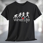 Running Woman Wine Life T-Shirt with graphic of runners and wine glass on a black t-shirt, perfect for running or casual outings.
