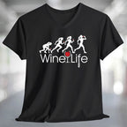 Running Woman Wine Life T-Shirt featuring playful graphic design with wine-themed elements.