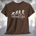 Running Woman Wine Life T-Shirt featuring a playful graphic of women running with wine glasses.