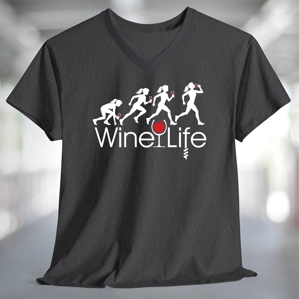 Running Woman Wine Life T-Shirt featuring playful graphic of women running with wine.