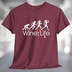 Running Woman Wine Life T-Shirt featuring a playful graphic of women running with a wine glass.