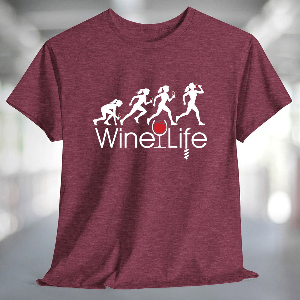 Running Woman Wine Life T-Shirt featuring a playful graphic of women running with a wine glass.