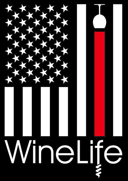 White decal of American flag with one red stripe pouring from a wine glass, Wine Life corkscrew logo below.