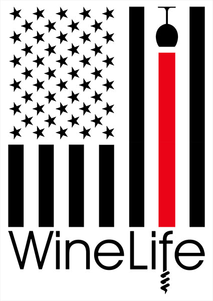 Black decal of American flag with one red stripe pouring from a wine glass, Wine Life logo below