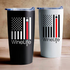 Coffee tumblers with decal of American flag with one red stripe pouring from a wine glass, Wine Life logo below