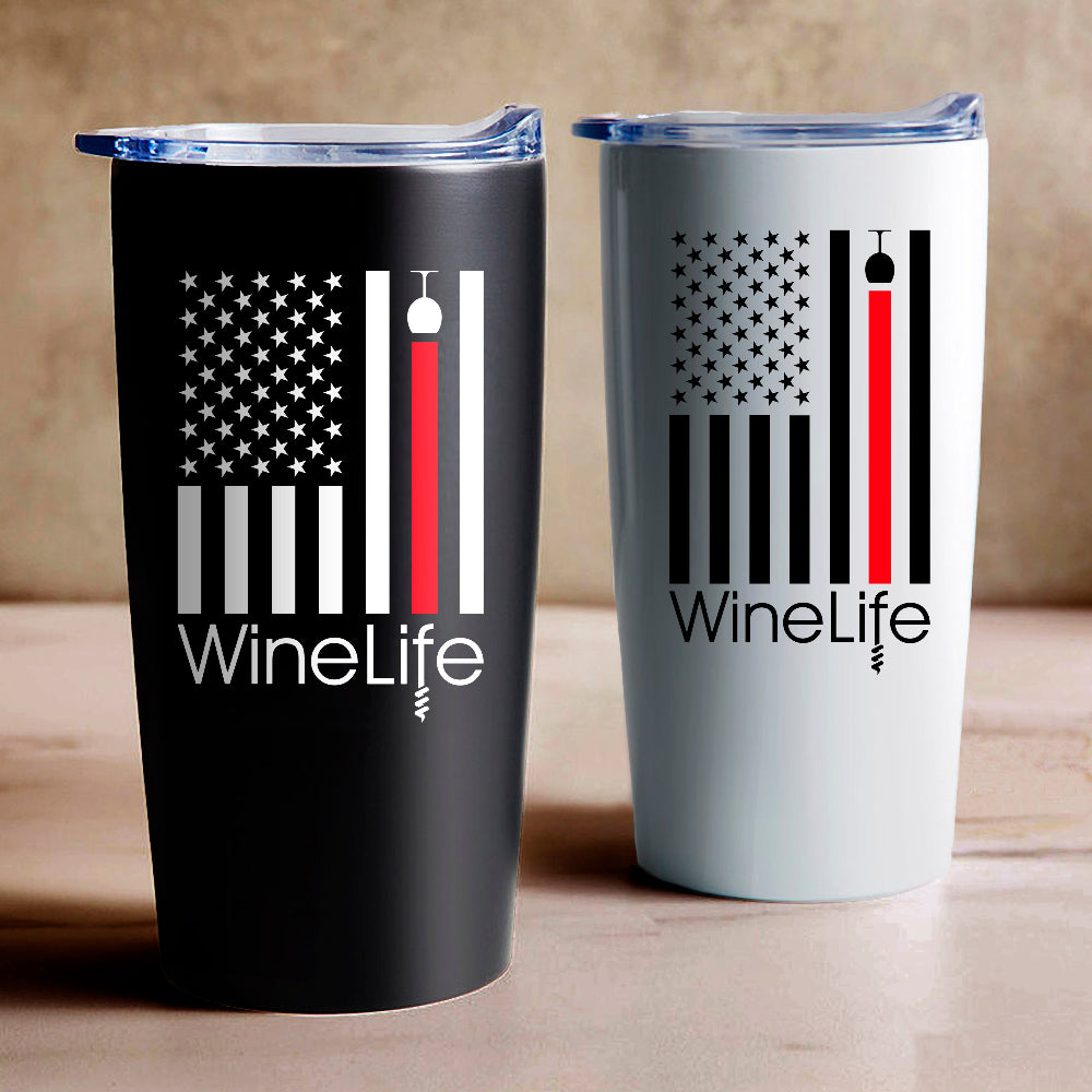 Coffee tumblers with decal of American flag with one red stripe pouring from a wine glass, Wine Life logo below