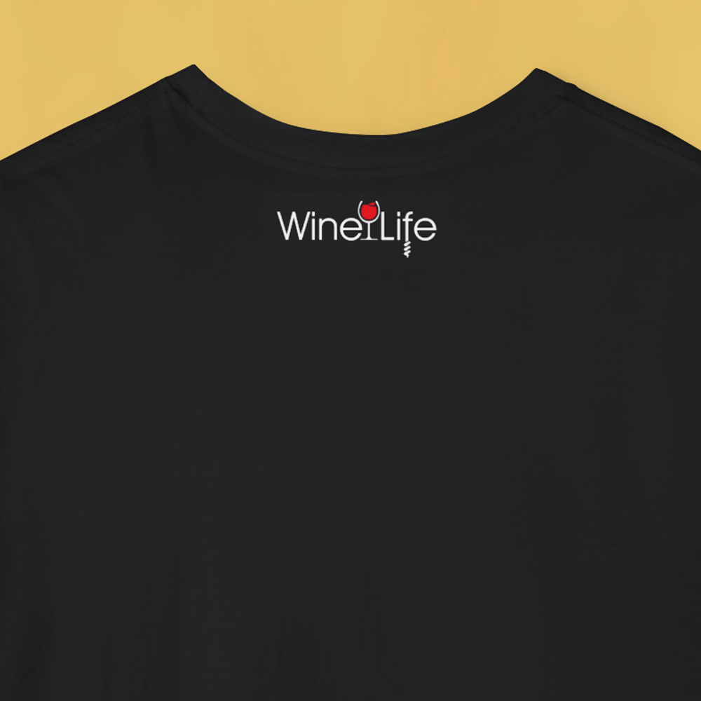 Back of black t-shirt with small Wine Life logo on neckline