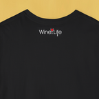 Back of black t-shirt with small Wine Life logo on neckline