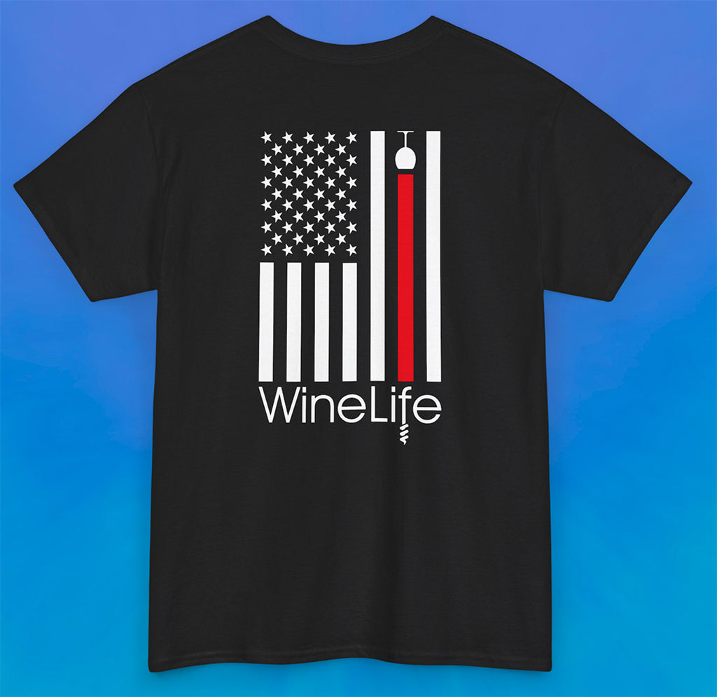 Black t-shirt with print of American flag with one red stripe pouring from a wine glass, Wine Life logo below