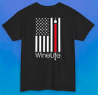 Black t-shirt with print of American flag with one red stripe pouring from a wine glass, Wine Life logo below