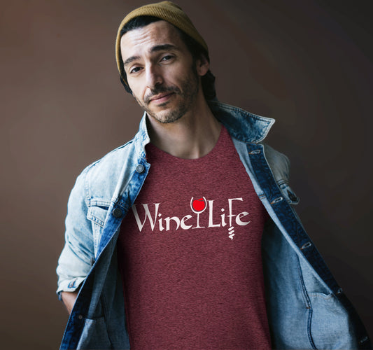 Man wearing heather red maroon t-shirt, white Wine Life logo with calligraphy styled letters, and wine glass full of red wine and corkscrew