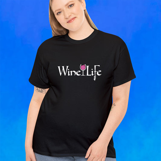 Woman wearing black t-shirt, white Wine Life logo with calligraphy styled letters, and wine glass full of pink wine and corkscrew