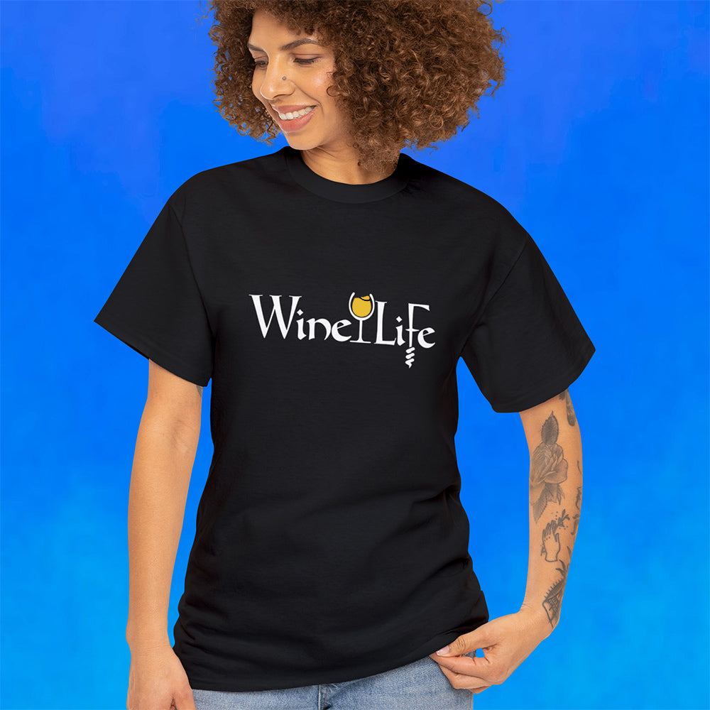 Woman wearing black t-shirt, white Wine Life logo with calligraphy styled letters, and wine glass full of golden white wine and corkscrew