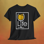 Black t-shirt with rectangle Wine Life logo, the i is the stem of a wine glass full of yellow wine.
