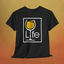 Black t-shirt with rectangle Wine Life logo, the i is the stem of a wine glass full of yellow wine.