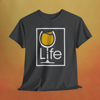 Heather charcoal gray shirt with rectangle Wine Life logo, the i is the stem of a wine glass full of yellow wine.
