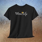Black t-shirt white Wine Life logo with calligraphy styled letters, and wine glass full of yellow wine and corkscrew