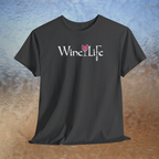 Heather charcoal gray t-shirt white Wine Life logo with calligraphy styled letters, and wine glass full of pink wine and corkscrew
