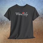 Heather charcoal gray t-shirt white Wine Life logo with calligraphy styled letters, and wine glass full of red wine and corkscrew