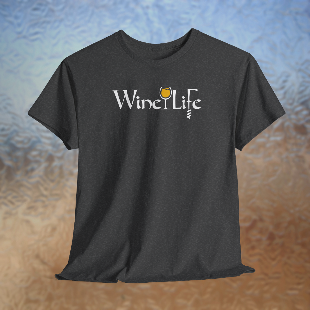 Heather charcoal gray t-shirt white Wine Life logo with calligraphy styled letters, and wine glass full of yellow wine and corkscrew