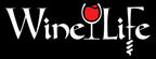 White Wine Life logo with calligraphy styled letters, and wine glass full of red wine and corkscrew