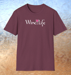Heather red maroon t-shirt, white Wine Life logo with calligraphy styled letters, and wine glass full of pink wine and corkscrew