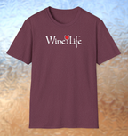 Heather red maroon t-shirt, white Wine Life logo with calligraphy styled letters, and wine glass full of red wine and corkscrew