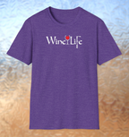 Purple t-shirt, white Wine Life logo with calligraphy styled letters, and wine glass full of red wine and corkscrew