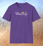 Purple t-shirt, white Wine Life logo with calligraphy styled letters, and wine glass full ofyellow wine and corkscrew
