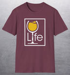Heather red maroon shirt with rectangle Wine Life logo, the i is the stem of a wine glass full of yellow wine.