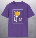Heather purple shirt with rectangle Wine Life logo, the i is the stem of a wine glass full of yellow wine.