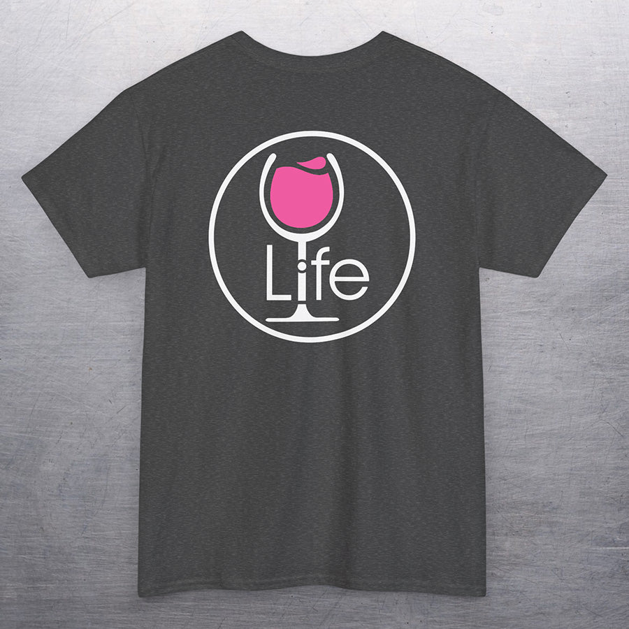 Heather charcoal gray t-shirt with large Wine Life round logo, with pink rose' wine glass