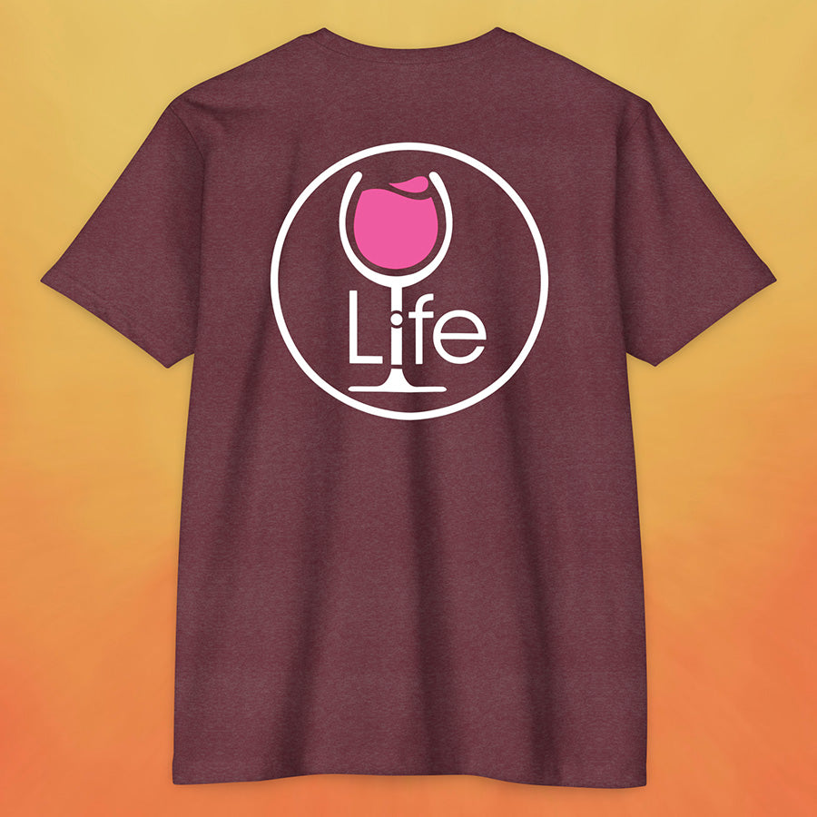 Heather maroon red t-shirt with large Wine Life round logo, with pink rose' wine glass