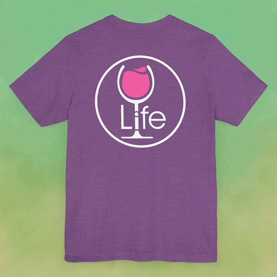Heather purple t-shirt with large Wine Life round logo, with pink rose' wine glass