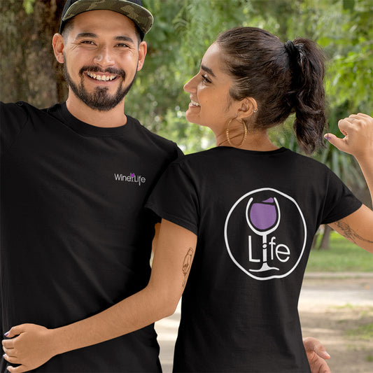Young happy couple wearing wine life t-shirts, the back has large round purple wine glass, front chest has small loo