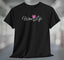 Black t-shirt with wine life written in swirly script letters, and a glass of pink rose' wine