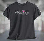 Heather charcoal gray t-shirt with wine life written in swirly script letters, and a glass of pink rose' wine