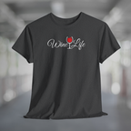 Heather charcoal gray t-shirt, white Wine Life logo with script styled letters, and wine glass full of red wine.