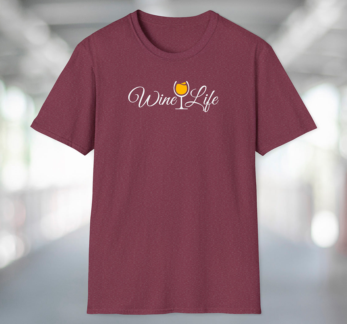 Heather red maroon t-shirt with wine life written in swirly script letters, and a glass of golden yellow white wine